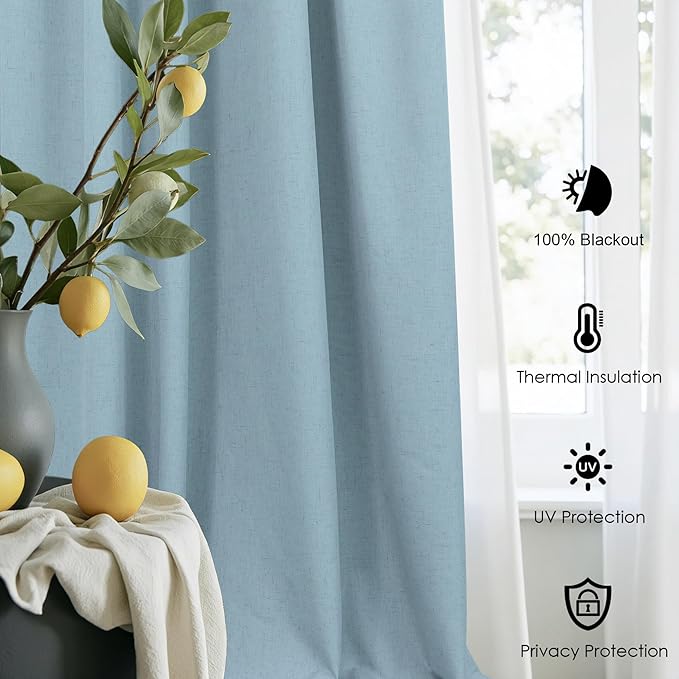 100% Blackout Curtains 90 Inches Long for Living Room 2 Panels Set Light Blocking Heat Darkening Energy Saving Curtain Window Coverings Coastal Beach Linen Farmhouse Drapes Bedroom Stone Blue Chambray-CasaMuseHome