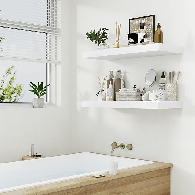12" Deep White Floating Shelves,Over Toilet Long Wall Mounted Modern Farmhouse 36 inches,Wall Shelves with Invisible Brackets for Bedroom, Bathroom, Living Room, Kitchen, Set of 1-CasaMuseHome