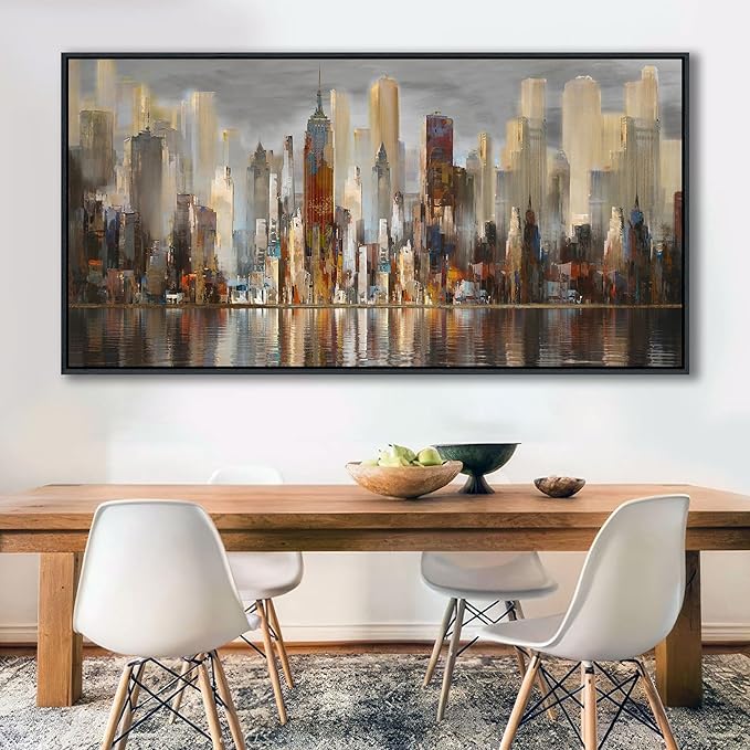 Abstract Brown New York City canvas Wall Art Framed Large Wall Art for Living Room Modern Paintings for Bedroom Cityscape New York Wall Decor Artwork Wall Pictures for Office and Bedroom 24×48in-CasaMuseHome