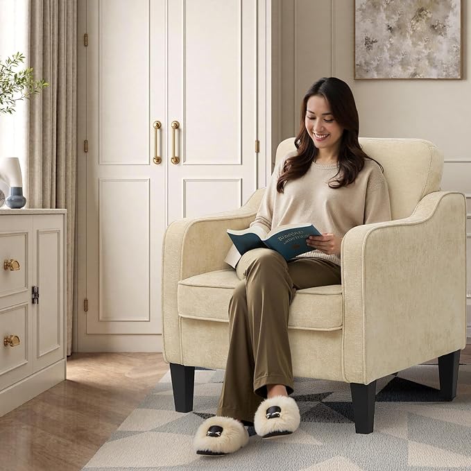 Accent Chairs Set of 2, Upholstered Living Room Chair with Side Pockets, Mid Century Modern Reading Chair for Bedroom, Comfy Armchair Single Sofa Side Chair for Office, Small Room, Light Brown-CasaMuseHome