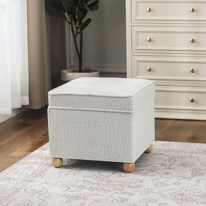 Adeco 17 Inch High Faux Fur White Cube Ottoman Storage, 3D Embossed Velvet Chair Foot Stools, Upholstered Vanity Stool with Hinged Lid, Solid Round Wood Legs-CasaMuseHome