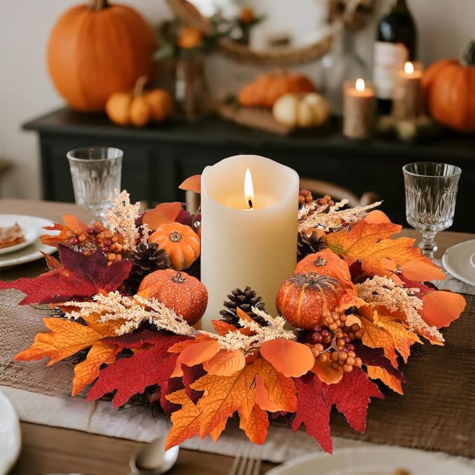 20 Inch Thanksgiving Fall Wreath, Berries Pumpkins Maple Leaves Pine Cones Autumn Wreaths with Hook for Front Door, Fall Decor, Porch Wall Home Outdoor Holiday Decorations Wreath for Autumn-CasaMuseHome