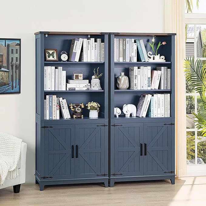 70in Tall Bookshelf 5 Tier Bookcase with Barn Doors and Adjustable Shelves, Blue Farmhouse Book Shelf with Storage Cabinet, Wood Freestanding Display Bookshelves for Bedroom, Living Room-CasaMuseHome