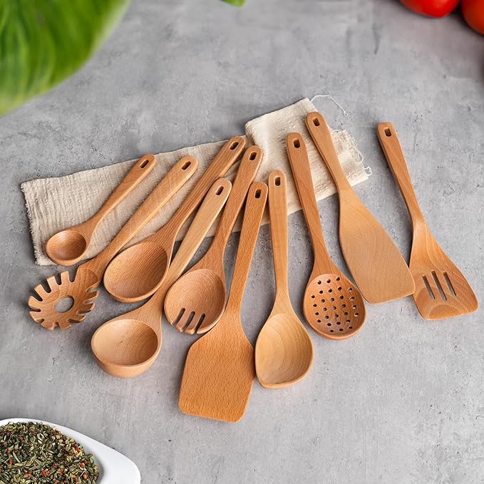 11 PCS WOSPONFAN Kitchen Utensils Set - Wooden Spoons for Cooking, Natural Beech Wood Wooden Utensils - Includes Wooden Spoons, Spatula Set, Slotted Spoon - Handmade Wooden Spoon Set-CasaMuseHome