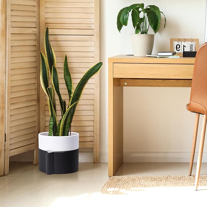 8 Inch Self-Watering Planter Pot with Terracotta Insert, Deep Water Reservoir, and Ceramic-Alike BPA-Free Plastic Planter Pot for Plant, Modern Planter for Houseplants, Black/White, 53-C-T-7-CasaMuseHome