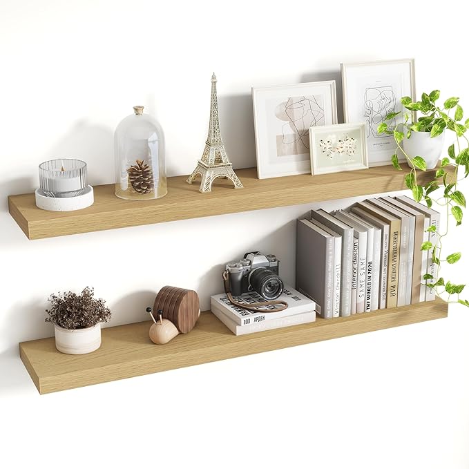 40 Inch Floating Shelves, 8 Inch Deep Floating Shelves for Wall, Hanging Shelf with Invisible Brackets, Deep Shelves for Bathroom, Bedroom, Living Room, Oak, Set of 2-CasaMuseHome