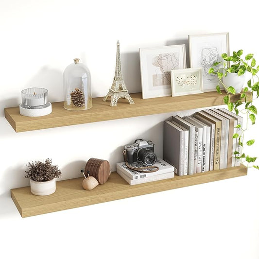 40 Inch Floating Shelves, 8 Inch Deep Floating Shelves for Wall, Hanging Shelf with Invisible Brackets, Deep Shelves for Bathroom, Bedroom, Living Room, Oak, Set of 2-CasaMuseHome