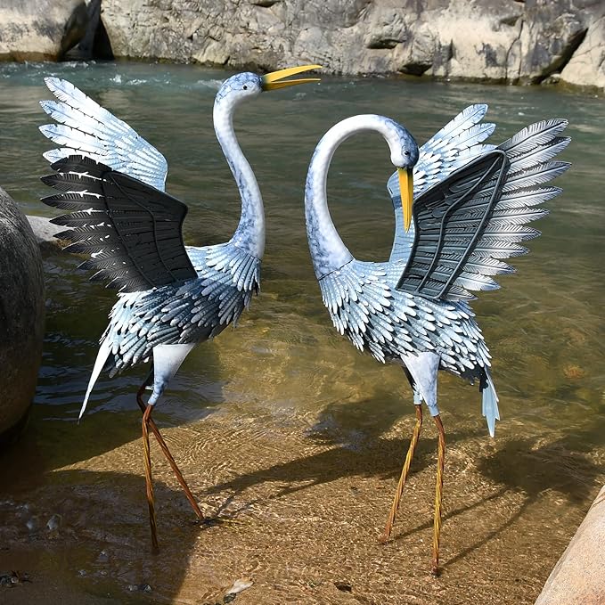 24-27 Inch Standing Crane Garden Sculptures & Statues, Crane Metal Yard Art for Backyard, Lawn, Patio, Porch, Birthday, Wedding Decorations, Gray-CasaMuseHome