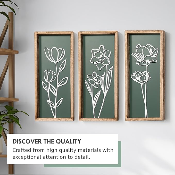 3D Floral Green Wall Art (Set of 3) Lightweight, Wooden Ready-to-Hang Boho Framed Wall Art for Bathroom, Master Bedroom, Living Room or Office - Premium Sage Green Farmhouse Decor - Gift-Boxed-CasaMuseHome