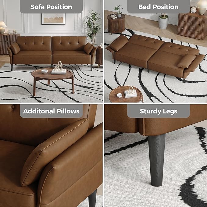 89” Futon Sofa Bed, Faux Leather Futon Couch Bed with 2 Square Pillows, Convertible Sleeper Sofa with Adjustable Backrest& Armrests, Modern Loveseat Sleeper for Living Room, Bedroom, Brown-CasaMuseHome
