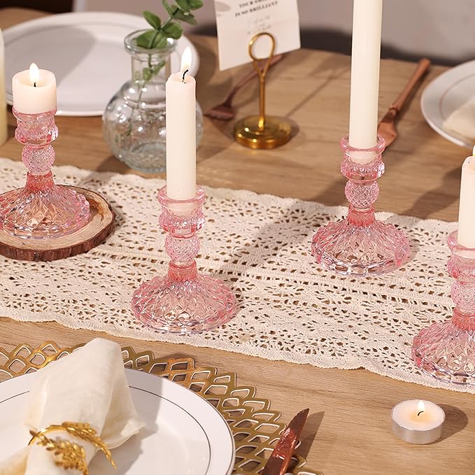 12Pcs Pink Candlestick Holders Set- 4" H Taper Candle Holders Bulk, Glass Candle Holders for Wedding, Party, Romantic Dinner Table Centerpieces, Festival Gifts & Windowsill Decor-CasaMuseHome
