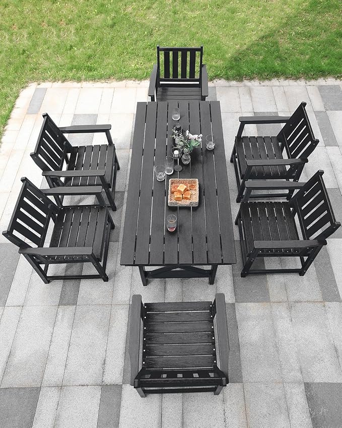 7 Pieces HDPE Outdoor Dining Set, Patio Dining Set with Umbrella Hole, All Weather Outdoor Dining Table Sets for 6, HDPE Patio Furniture Sets for Deck, Backyard, Lawn, and Poolside, Obsidian-CasaMuseHome
