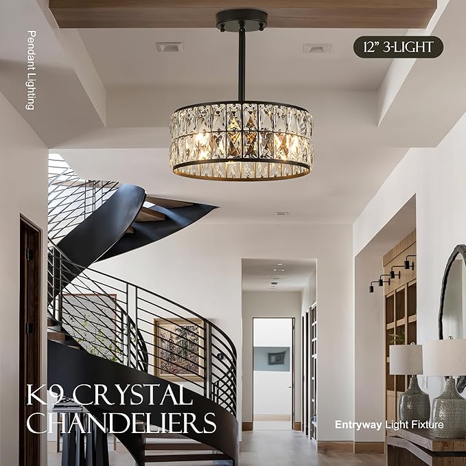 12” 3-Light Modern Crystal Chandeliers Black Dinning Room Light Fixture with Two Poles, Round Pendant Light Kitchen Island Chandelier, Flush Mount Ceiling Light for Living Room Entryway-CasaMuseHome