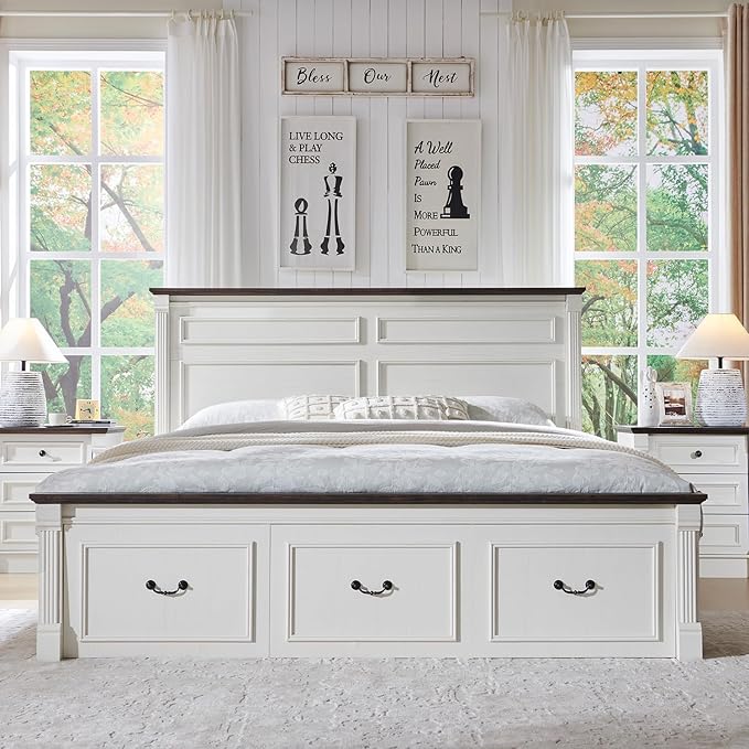 26" Tall Farmhouse Nightstand, 3 Drawers End Table w/Charging Station, 23.6" Wide Large Side Table w/Roman Column, Wood Rustic Sofa Table for Bedroom, White-CasaMuseHome