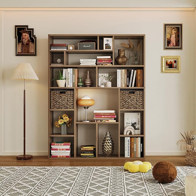 71” Tall Wooden Bookcase 6-Tier Large Bookshelves with 2 Woven Baskets, 55" Wide Floor Standing Wood Display Organizer Shelves for Living Room（Brown）-CasaMuseHome