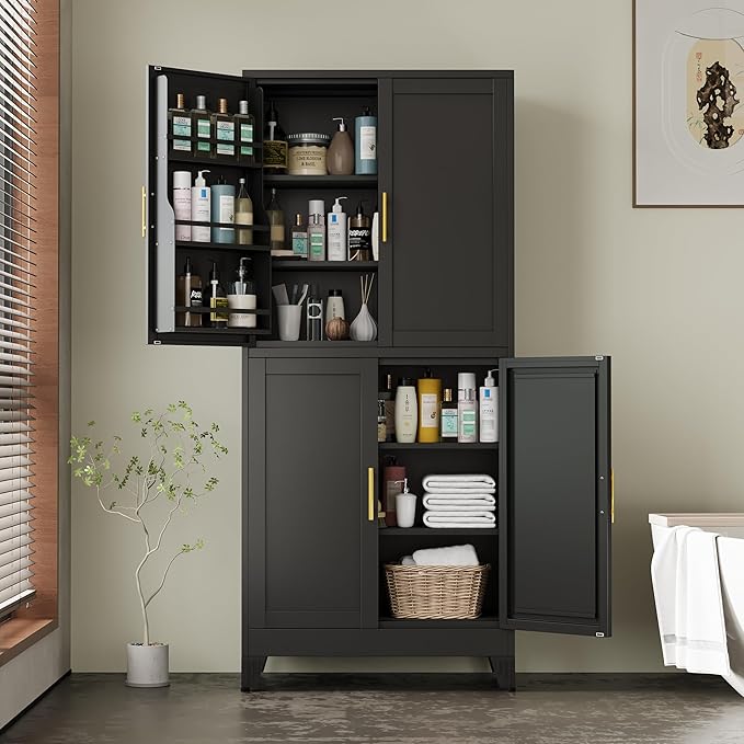75" H Metal Storage Cabinet, Pantry with 6 Door Shelves and 4 Adjustable Shelves, Leveling Foot for Kitchen, Living Room and Dinning Room, Black-CasaMuseHome