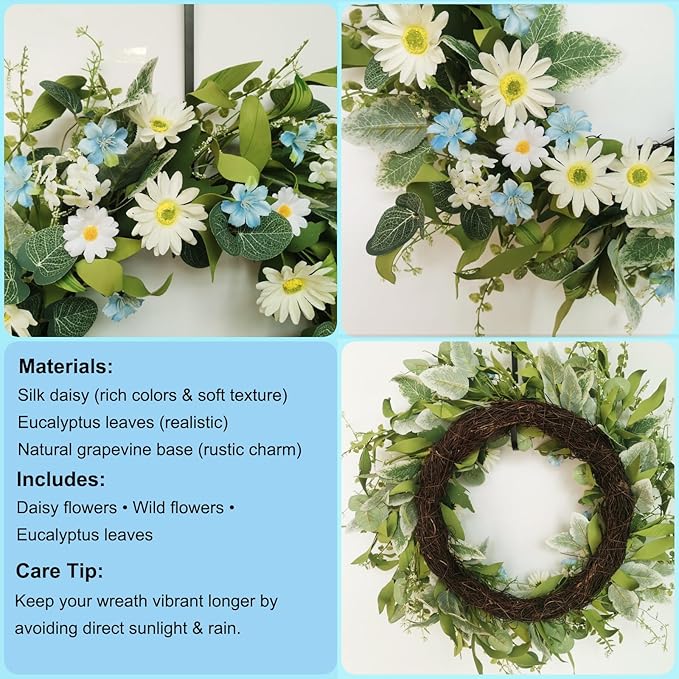 24 Inch Wreaths for Front Door, Large Spring Summer Artifiical Wreath with Blue White Daisy Flower, All Season Floral Wreaths for Porch Window Wall Decor Outside Indoor Outdoor Decorations-CasaMuseHome