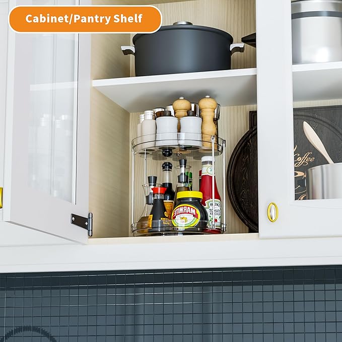2 Tier Lazy Susan Turntable for Cabinet,Countertop,Pantry,9.5"W Spinning Seasoning Organizer,Double Rotating Kitchen Spice Rack Organizer and Condiments,Medicine,Vitamin Bottle Organizer Carousels,1Pc-CasaMuseHome