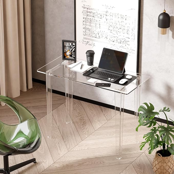 Acrylic Desk, Modern Study Table for HomeOffice-Extended Surface Multi-Purpose Console & EntrywayTable, Sturdy Lightweight Design (42.5-inch, Transparent)-CasaMuseHome