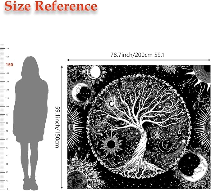 AACKart Tree of Life Tapestry for Bedroom Aesthetic Room Decor-Black and White Spiritual Tree Tapestry Wall Hanging with Sun Moon Star 78.7×59.1 inches-CasaMuseHome