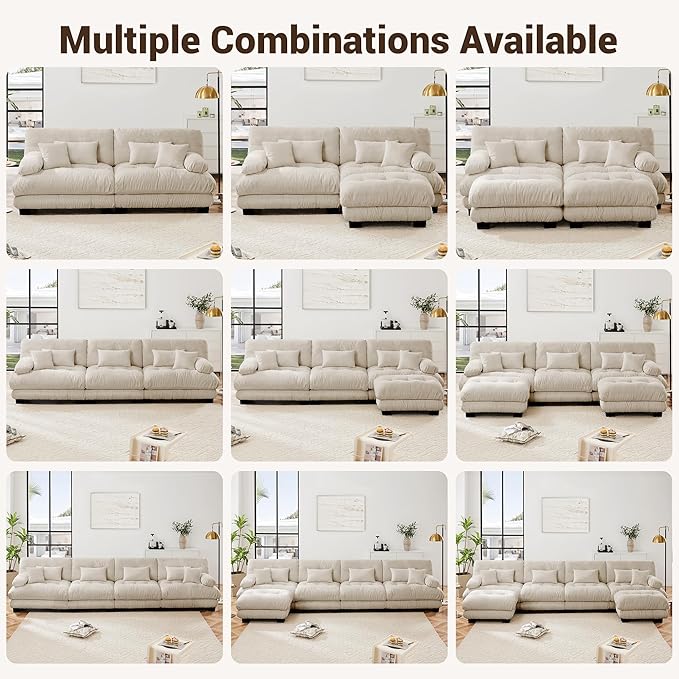 L Shaped Couch Sectional Couch, 4-Seater Cloud Couch Sectional Oversized Couch, Sofa Bed Couch with Round Bolster Armrests 6 Pillows, Modular Couch Home Sofa Living Room Couch-CasaMuseHome