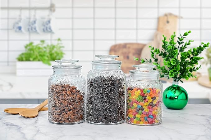 Le'raze Food Storage Containers with Airtight Lids - Retro Design - Pantry Organization, Glass Canisters Storage for Cookies, Tea, Sugar, Candy Jars, Sugar Packet, Set of 3-CasaMuseHome