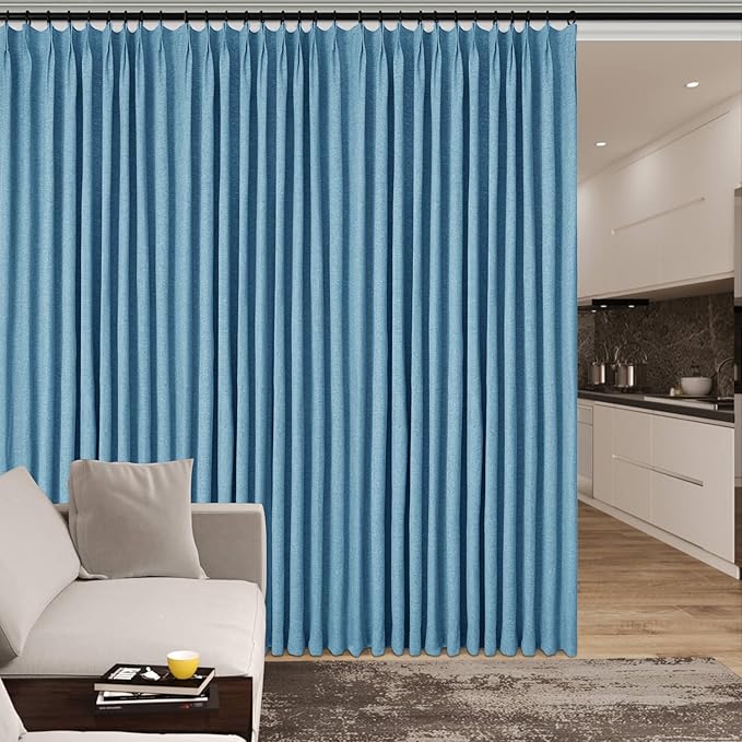 100% Blackout Linen Textured Drapes for Bedroom Pinch Pleated Curtains for Track System Portable Drapery for Sliding Glass Door/Storage/Space Room Divider, 70" Wx102 L, 1 PC, Blue-CasaMuseHome