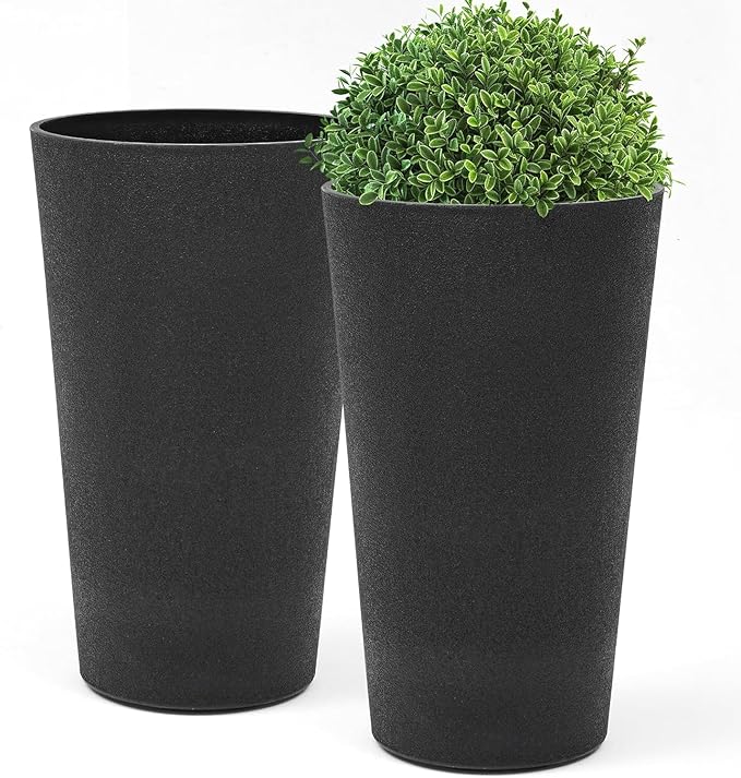 24" Tall Planters for Outdoor Plants, Set of 2 Heavy-Duty Resin Flower Pots, Matte Black Leather Grain Finish, Durable & Weather-Resistant, Ideal for Garden, Patio, Yard, Porch, or Home Use-CasaMuseHome