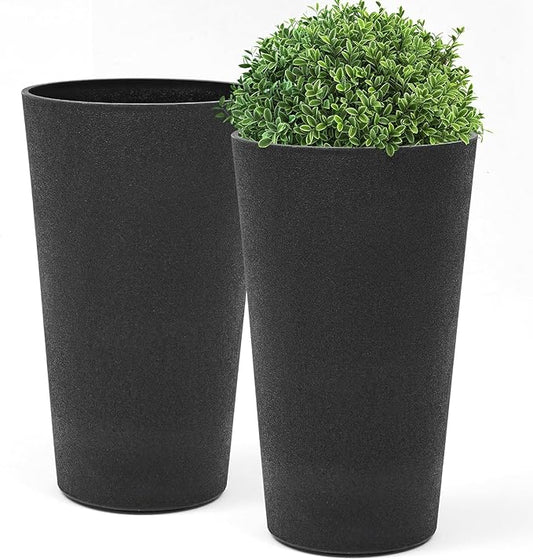 24" Tall Planters for Outdoor Plants, Set of 2 Heavy-Duty Resin Flower Pots, Matte Black Leather Grain Finish, Durable & Weather-Resistant, Ideal for Garden, Patio, Yard, Porch, or Home Use-CasaMuseHome