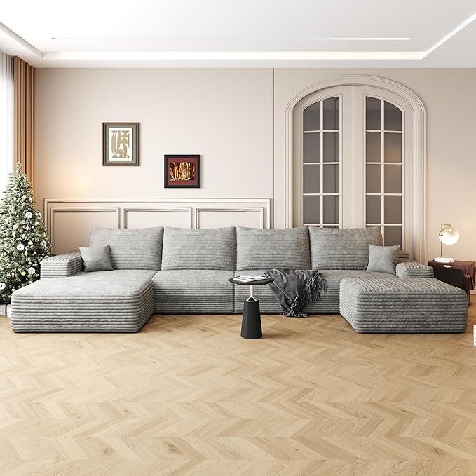 136" Sectional Couches for Living Room Modern Modular Sofa with L-Shape Couchs Upholstered Boneless Couch Deep Seat Sectional Couch with Chaise (Grey, Left Facing Chaise+3Seaters+Ottoman)-CasaMuseHome