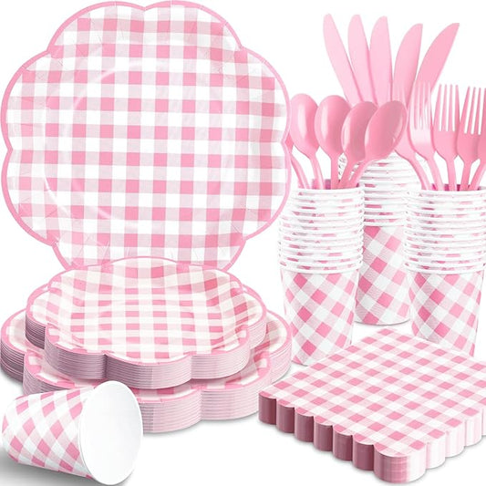 175 Pcs Pink Gingham Plates and Napkins Party Supplies - Pink and White Checkered Plates Sets Serve 25 Guests - Scalloped Gingham Paper Plate for Birthday Wedding Picnic Party Decorations-CasaMuseHome