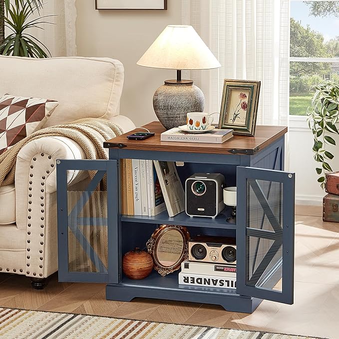 24" End Table with Charging Station, Farmhouse Night Stand with Glass Barn Door, White Nightstands with Adjustable Storage Shelf, Large Wood Square Bed Side Table for Living Room,Bedroom-CasaMuseHome