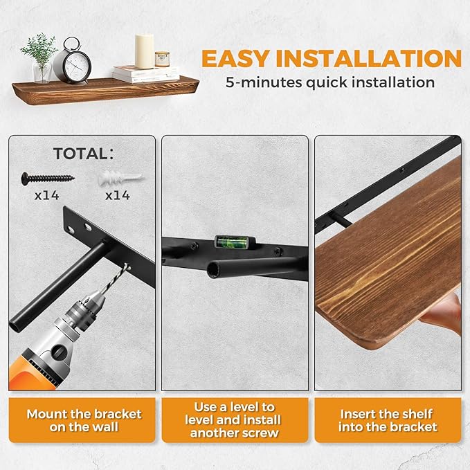 24"x6.8"x1.6" Slanted Floating Wall Shelves 2-Pack - Rustic Brown Finish, Heavy-Duty Solid Wood Design with Hidden Brackets - Perfect for Living Room, Kitchen, Bathroom, or Office-CasaMuseHome