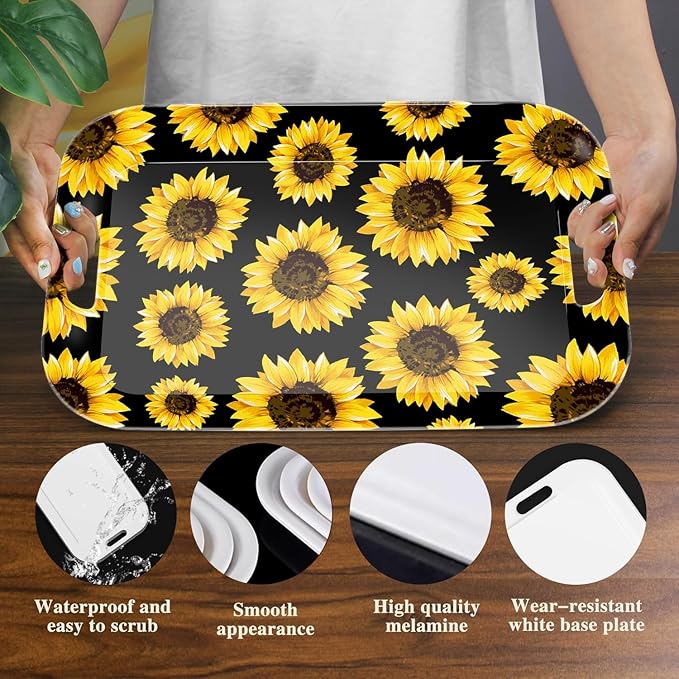 Serving Trays with Handles, 14.5 x 9.8 inch Rectangular Plastic Tray for Restaurant, Kitchen, Sunflower Black Background-CasaMuseHome