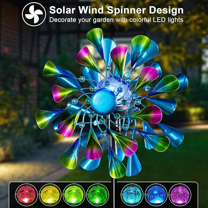60'' Wind Spinner with Color Glass Ball Solar Lights, Green Peacock Feathers Metal Garden Outdoor Decor Yard Lawn Art Decor for Patio Kinetic Windmills Unique Gifts for Friends and Family-CasaMuseHome