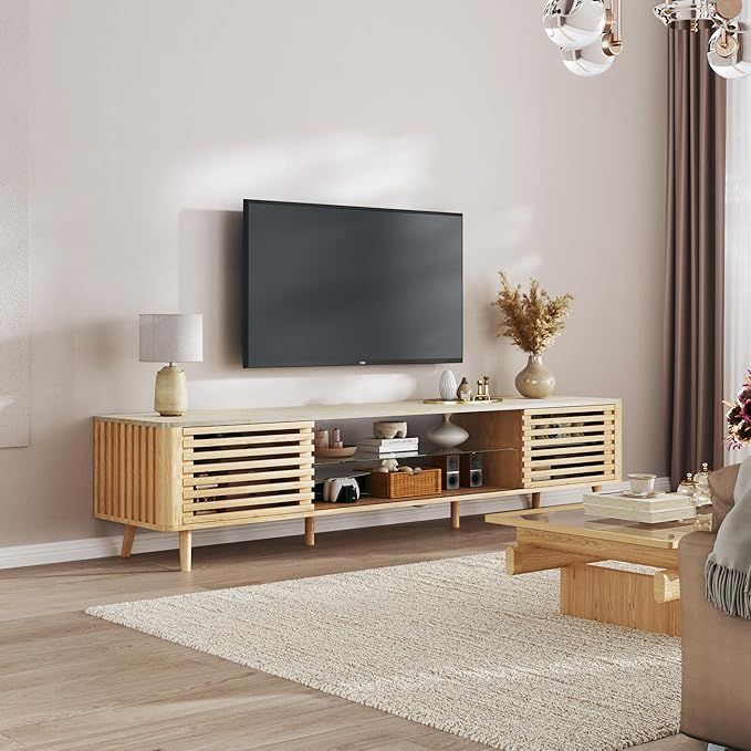 70" Mid Century Modern TV Stand for 55/65/75 Inch TV, Faux Marble Top Entertainment Center with Slatied Sliding Door & LED Lights, Low TV Console with Glass Shelves for Bedroom, Living Room-CasaMuseHome