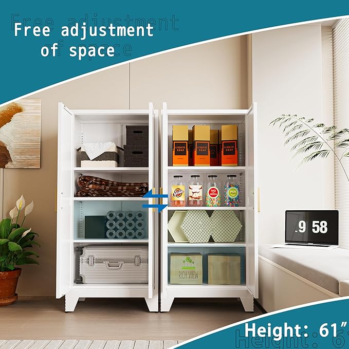 61" Tall Farmhouse Metal Pantry Cabinet, Kitchen Pantry Storage Cabinets with 2 Barn Door and Adjustable Shelves,Metal Pantry Storage Cabinet,for Kitchen,Laundry Room,Home Office,Kids Room (White)-CasaMuseHome