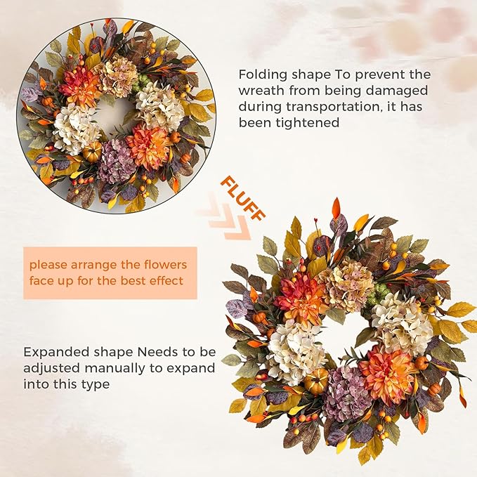 24Inch Fall Wreaths for Front Door,Fall Wreath with Beige Hydrangea,Orange Dahlia Artificial Flowers,Pumpkins,Autumn Wreaths for Harvest Thanksgiving Halloween Indoor Outdoor Home Decor-CasaMuseHome