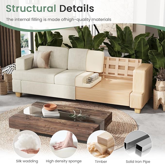 2 Piece Set Comfy Sofa Couch, 2 3-Seater Sofa with Deep Seats, Modern Sleeper Couch for Living Room, Beige Chenille-CasaMuseHome