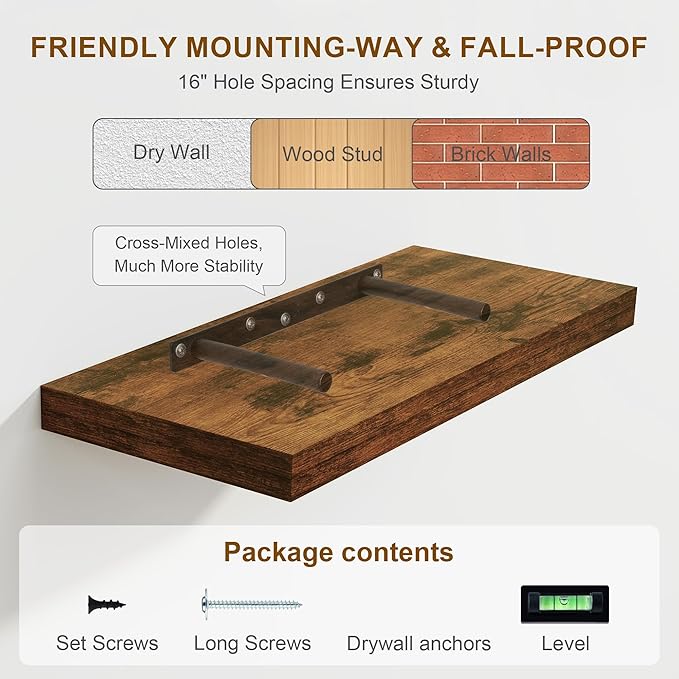 30 Inch Floating Shelves, Rustic Floating Wall Shelves 8 Inch Deep, 30 x 8 Floating Shelves for Home Decor, Deep Storage Shelves for Kitchen, Bathroom, Living Room, Rustic Brown Color, Set of 2-CasaMuseHome