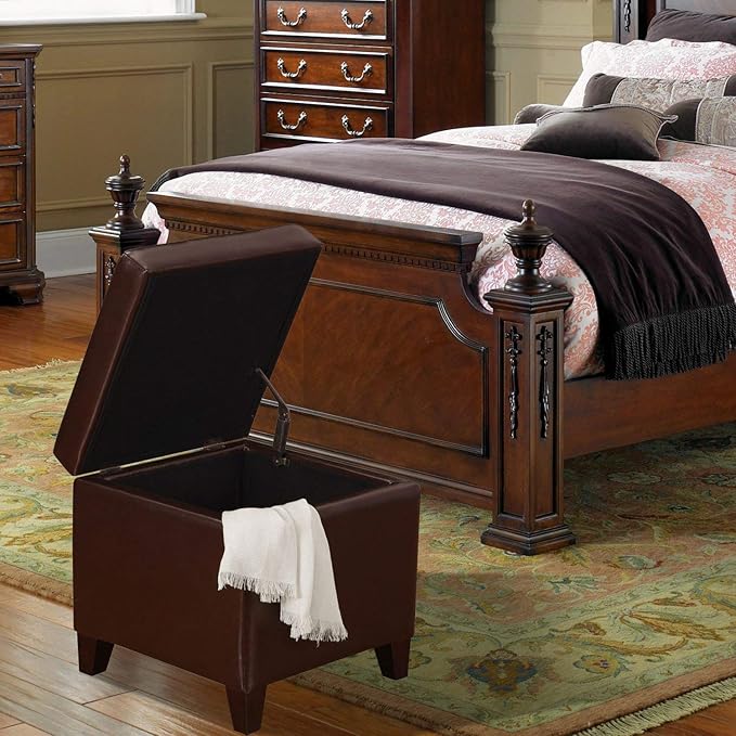 Adeco Bonded Leather Square Tufted Footstool, 18", Brown Storage Ottomans,-CasaMuseHome