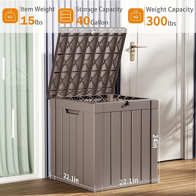 40 Gallon Resin Deck Box, Lockable Patio Outdoor Storage Box for Furniture, Garden Tools and Tools Storage, Waterproof Outside Storage Boxes - Grey-CasaMuseHome