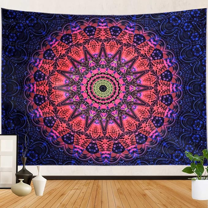 ADDWel Blacklight Mandala Boho Tapestry Glow In The Dark, Black Light Bohemian Hippie Poster Wall Hanging for Bedroom Aesthetic Wall and Room Decor (60" x 80", Mandala)-CasaMuseHome