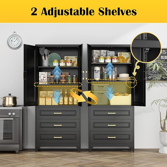 75" Kitchen Pantry Cabinet with 3 Drawers,Metal Storage Cabinets with Doors and 4 Adjustable Shelves,Black Kitchen Cabinet with 2 Gold Handles,Food Cupboard for Livingroom, Bathroom,Pantry-CasaMuseHome