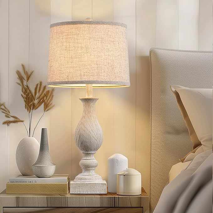 28'' Tall Farmhouse Table Lamps for Living Room, Bedroom Lamps Set of 2 with USB C+A Charging Ports, Rustic Farmhouse Nightstand Lamps for Bedside, Traditional Side Table Lamp with Fabric Shade-CasaMuseHome