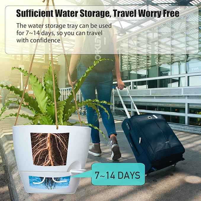 8 inch Hanging Planters, 2 Pack Self Watering Hanging Pots with 20oZ Deep Reservoir for Indoor Outdoor Plants Flowers, White-CasaMuseHome