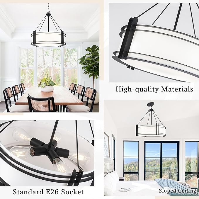 20.4''Drum Chandelier,5-Light Fabric Modern Chandeliers,Black Farmhouse Round Pendant Light Fixture for Dining Room Kitchen Island Living Room Bedroom Hallway-CasaMuseHome