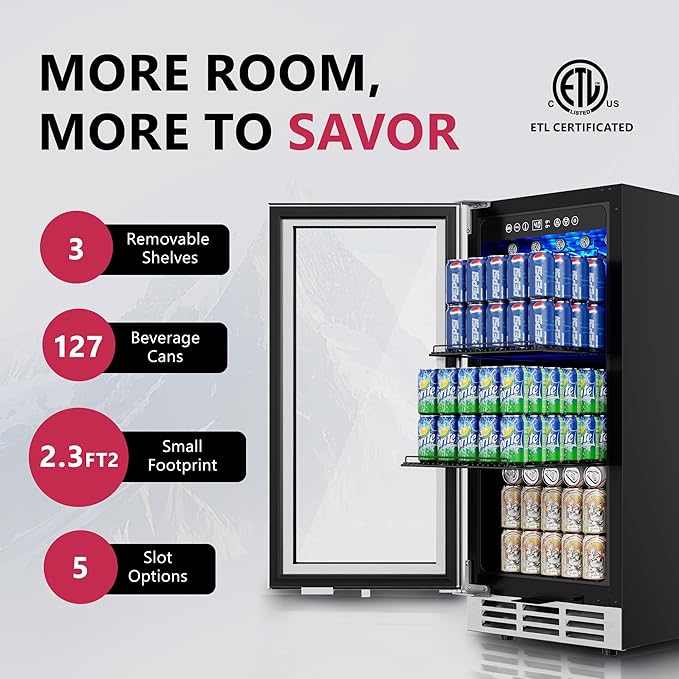 15'' Beverage Refrigerator Cooler - 126 Cans Under Counter Beverage Fridge with LED Light, Built-in Design, Wine Cooler for Home/Kitchen-CasaMuseHome