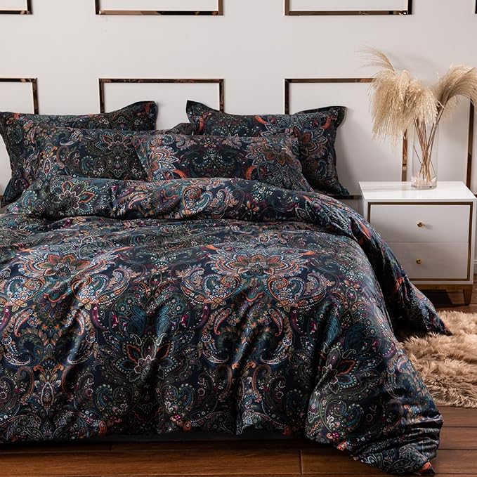 ABREEZE Luxury Vintage Black Duvet Cover Sets Damask Paisley Bedding Set Retro 100% Brushed Cotton Zipper Closure Bedding Collection Full Size-CasaMuseHome