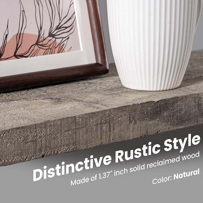 48 Inch Fireplace Mantel Shelf - 8 Inch Deep Rustic Solid Reclaimed Wood Floating Shelf, Wall Mounted Farmhouse Display Shelf with Invisible Heavy Duty Metal Bracket, Set of 2, Cement Grey-CasaMuseHome